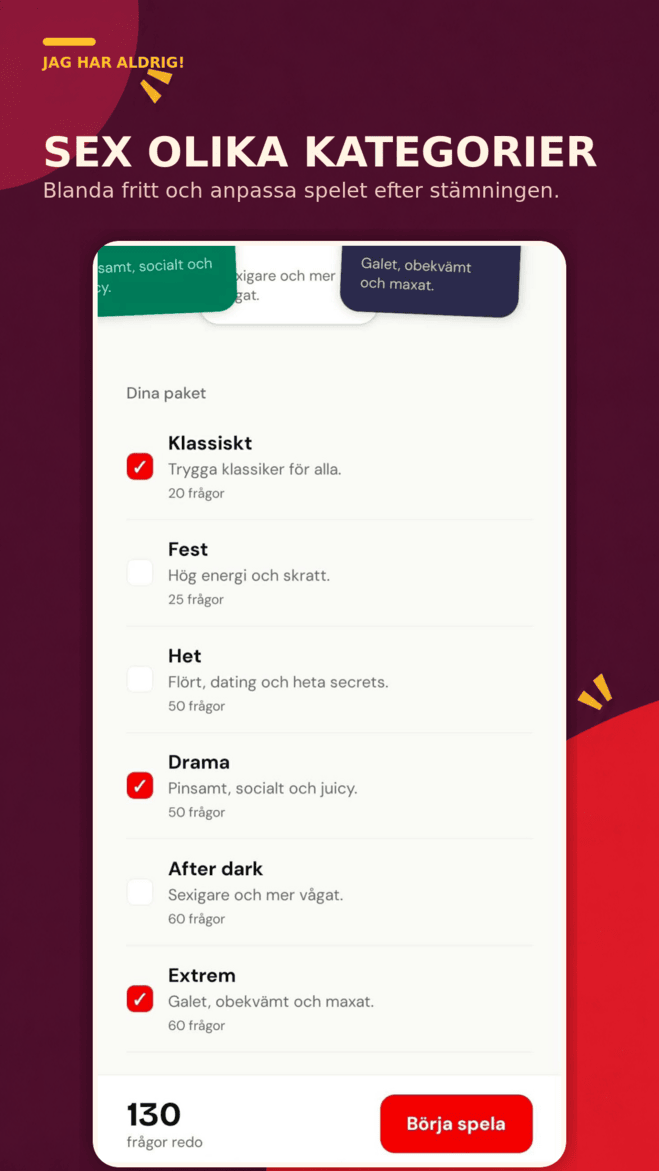 Jag Har Aldrig category selection with six categories